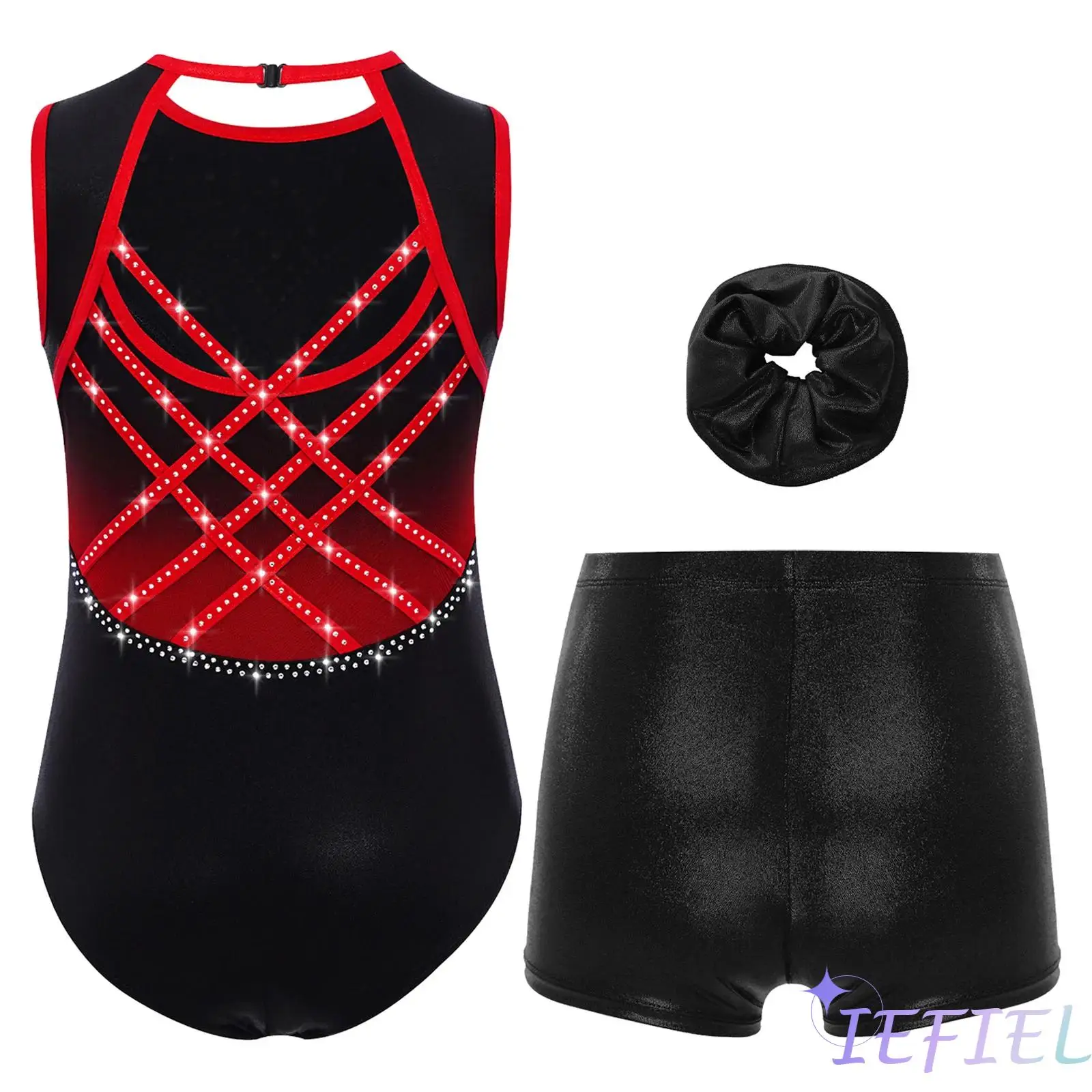 

Girls Gymnastics Dancewear Contrast Color Metallic Leotard Crisscross Cutout Back Shiny Rhinestones Bodysuit Shorts Hairband