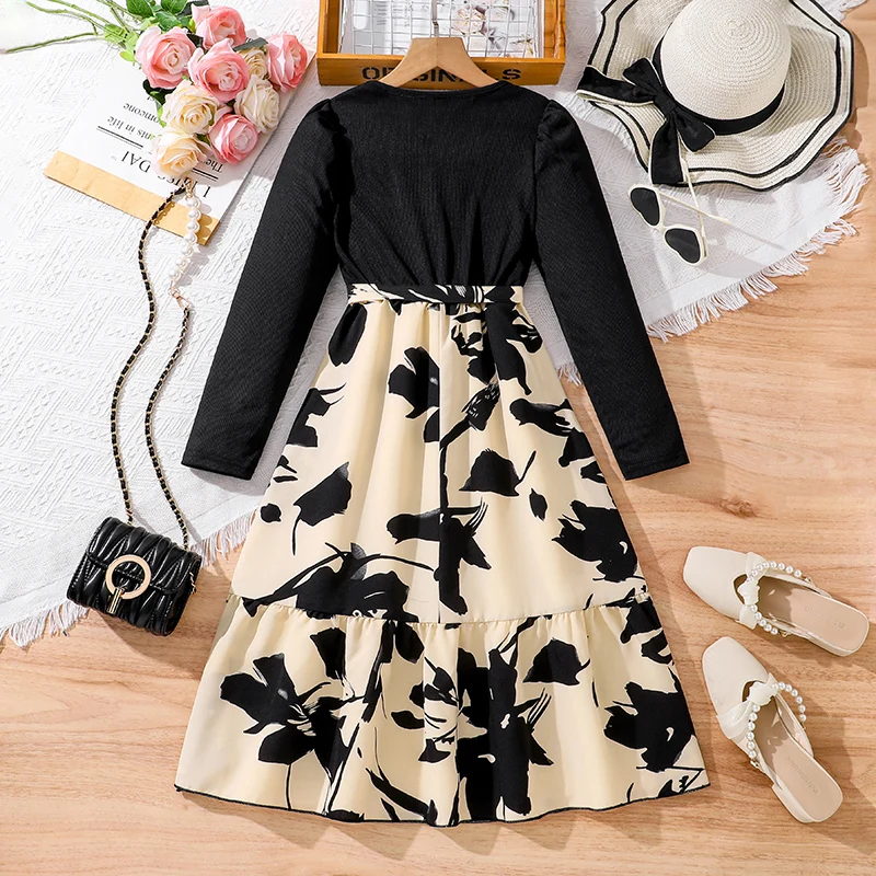 Kid Girl Long Sleeve Dress Black Round Neck Patchwork Ink Painting Dress 8-12 Years Elegant Vintage Casual Kids Autumn Dresses