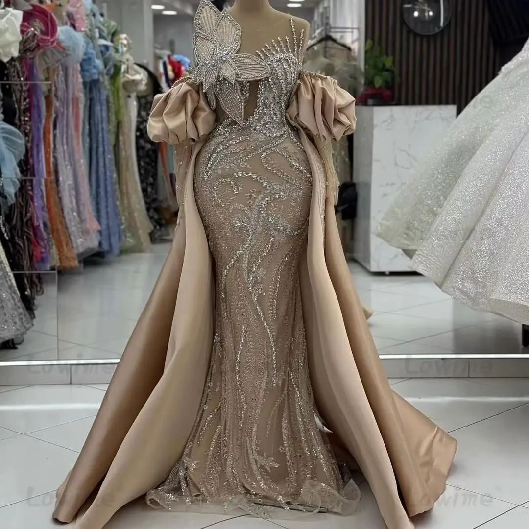 Abiti da celebrità con perline di cristalli champagne Abiti da sera arabi Abiti da ballo per feste a sirena personalizzati Abiti lunghi 2025 Robes