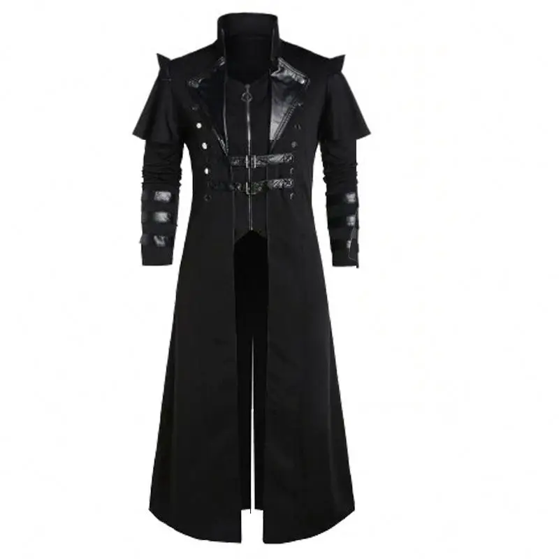 

Halloween Medieval Steampunk Assassin Elves Pirate Costume For Adult Black Vintage Long Split Jacket Gothic Armor Leather Coats