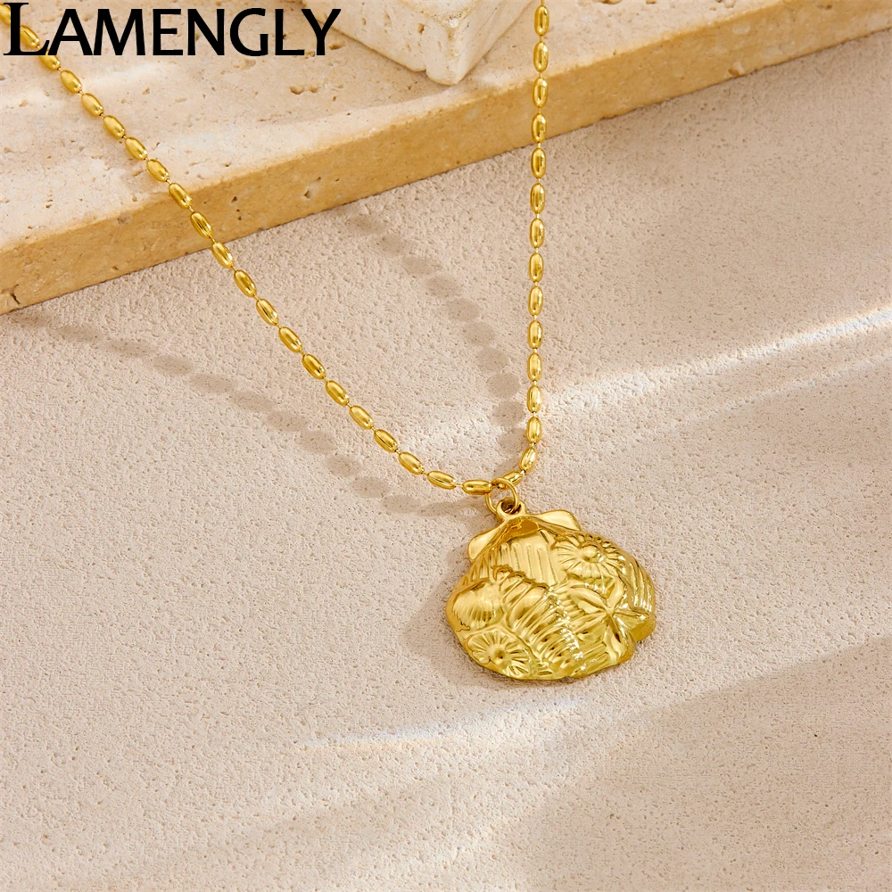 

LAMENGLY 316L Stainless Steel Creative Fossil Pattern Flower Shell Pendant Necklace Women Novel Chic Clavicle Chain Leisure Gift