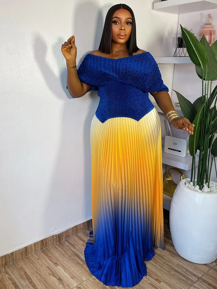 Women Plus Size Gradient Color Long Skirts And Tops Pleated 2 Piece Outfit Luxury Dubai Prom 2025 Casual For Female Fashion Sets