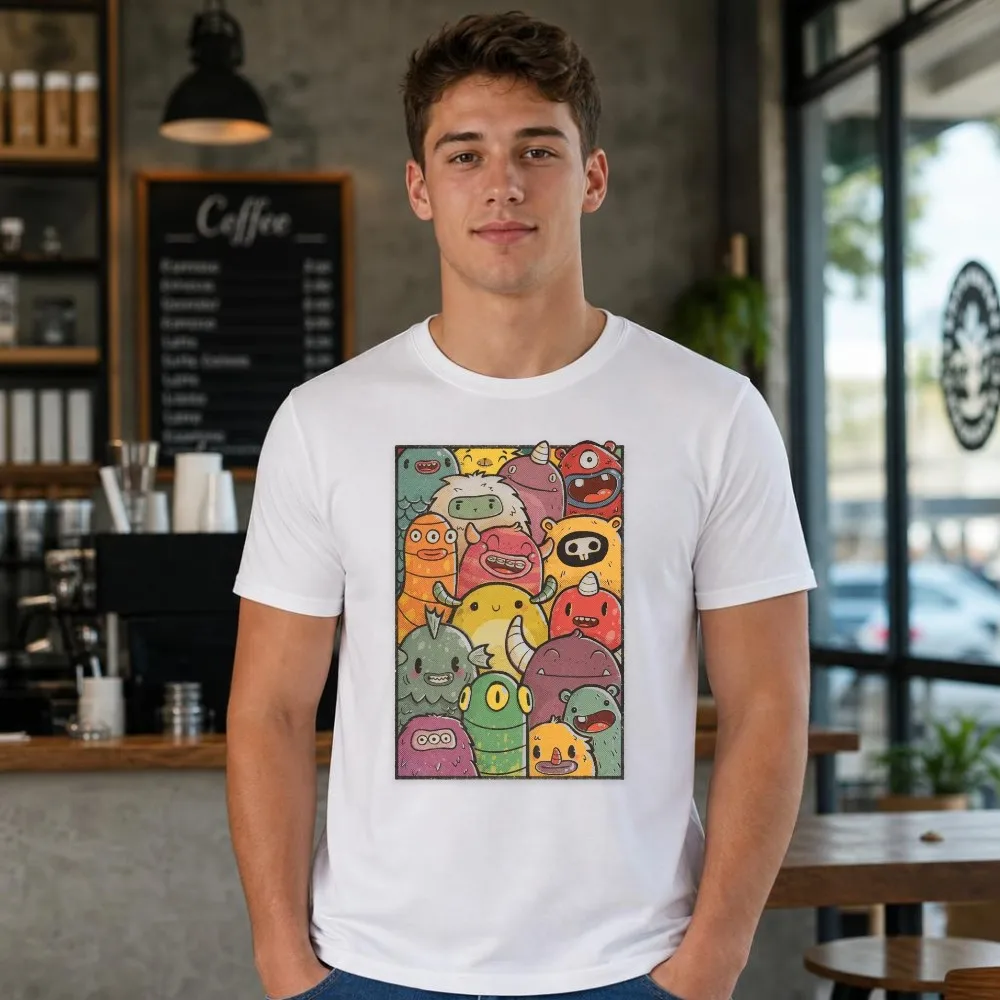 Men T Shirt Cute Monster Cartoon Graphic Funny Creature Art Short Sleeve Soft Casual Summer Streetwear Top