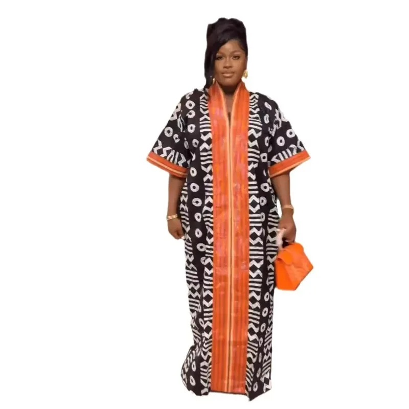 

Summer Elegant African Print Dresses for Women African Half Sleeve V-neck Polyester Long Maxi Dress Gowns Kaftan Africa Clothing