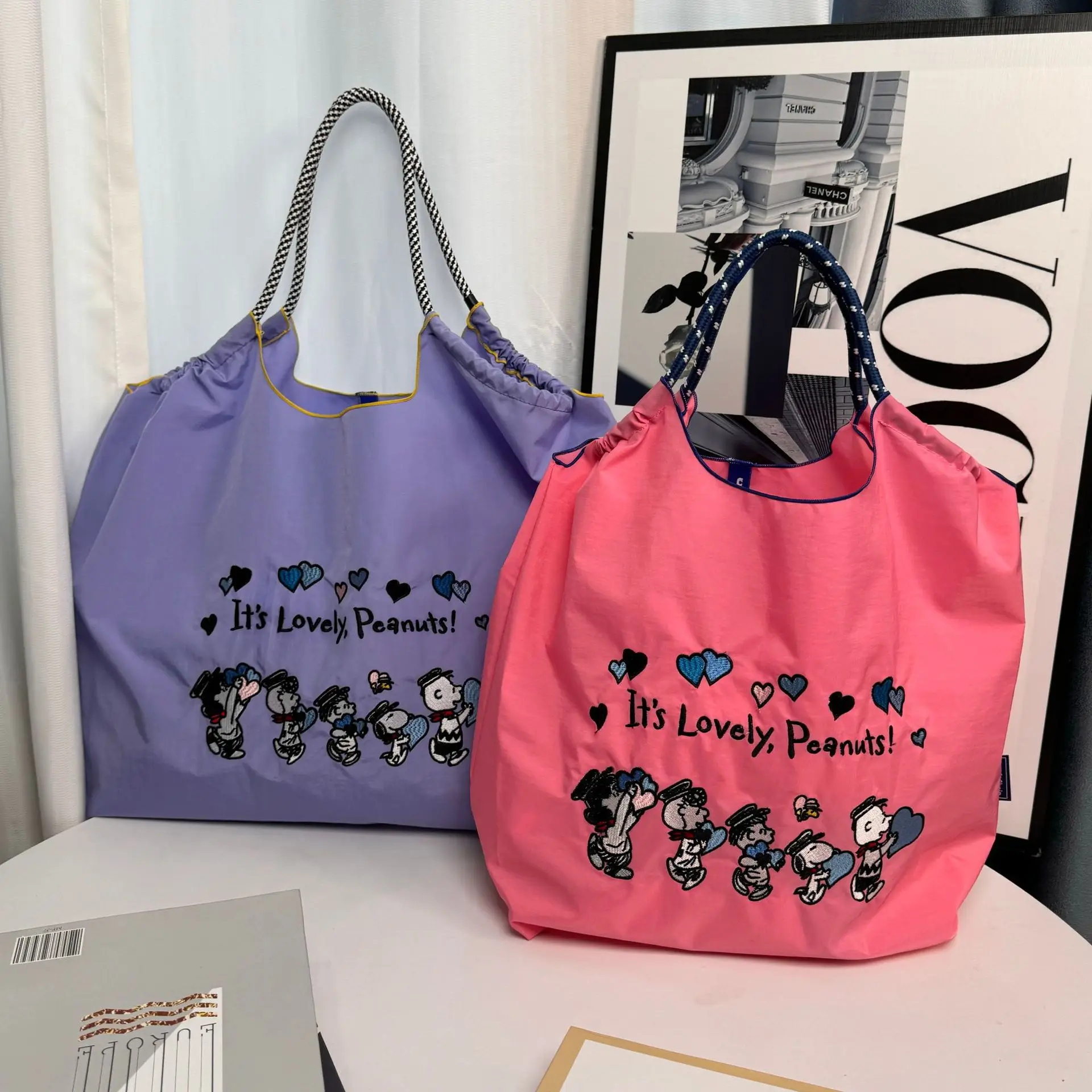 Kawaii Eco-Friendly Tote Bag Embroidered Shopping Bag Anime Cute Large Capacity Nylon Shoulder Bag Women Waterproof Handbag Gift