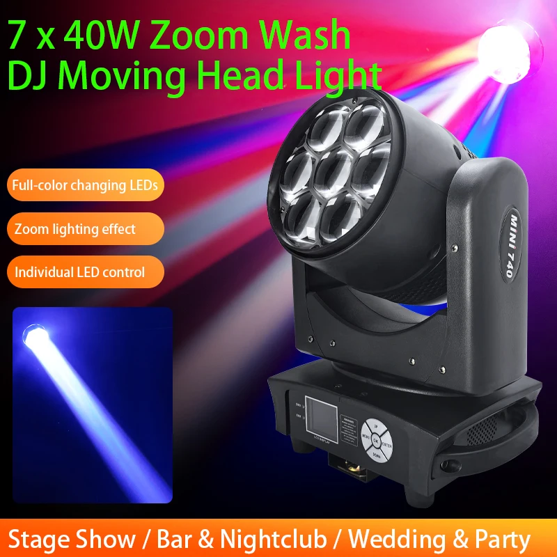 

Moving Head Light Dj Lights for Parties LED Beam + Wash Big Bees Eyes 7x40W RGBW Zoom Lighting for Per Disco Home Night Club Bar
