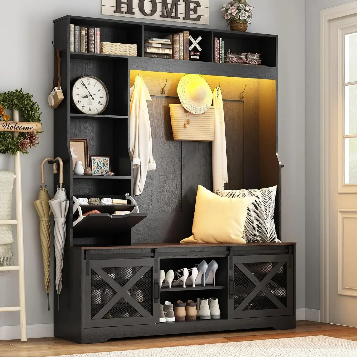 [Discounted Price!Free Shipping!]75''H LED Farmhouse Hall Tree with Bench and Shoe Storage,Entryway Bench with Coat Rack,16 Shoe