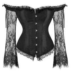 Corset Top Bustier Lingerie Women with Long Sleeves Renaissance Plus Size Lace Floral Sexy Costumes Burlesque Red Black