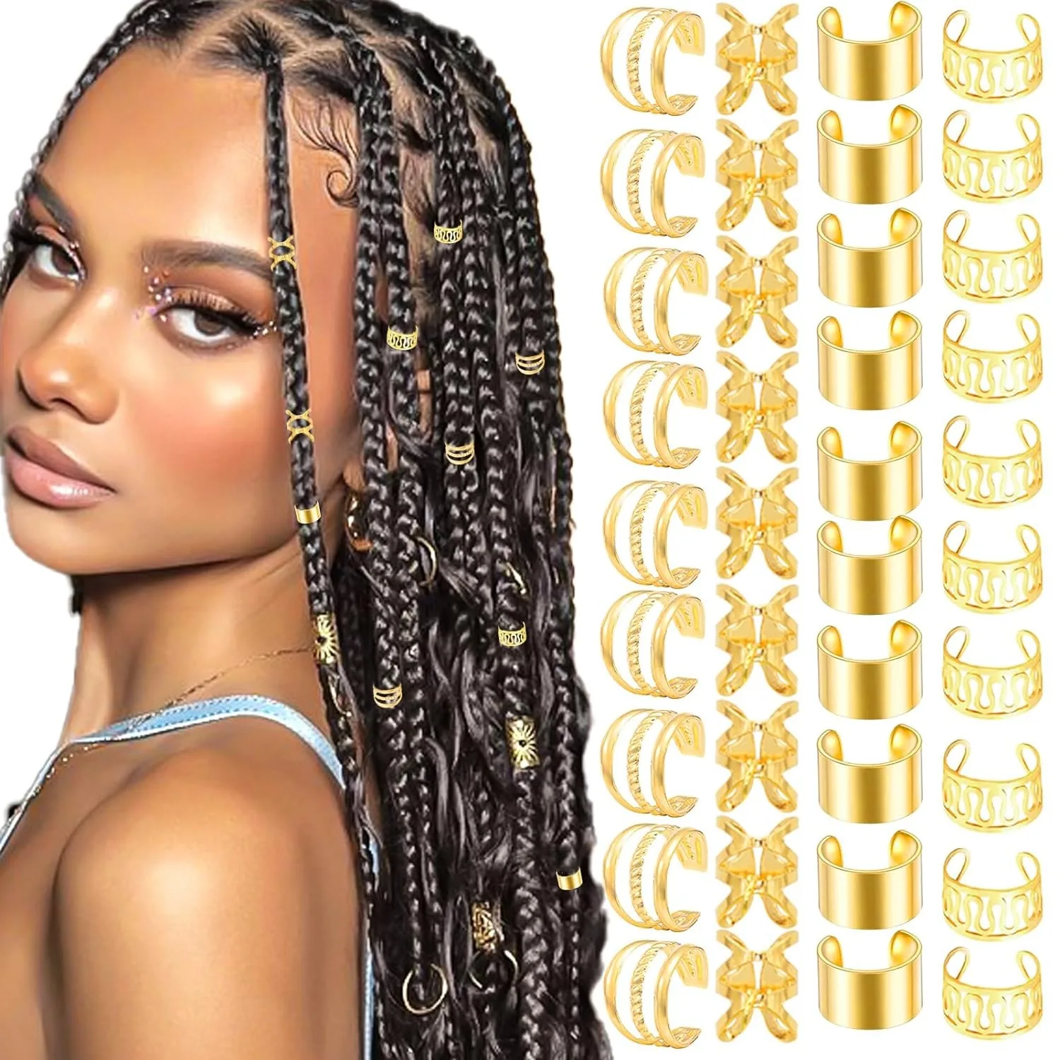 40PCS Hair Jewelry for Braids Gold Hair Cuffs Multi Style Rings Adjustable Hair Beads for Braid Loc Dreadlock Accessories 