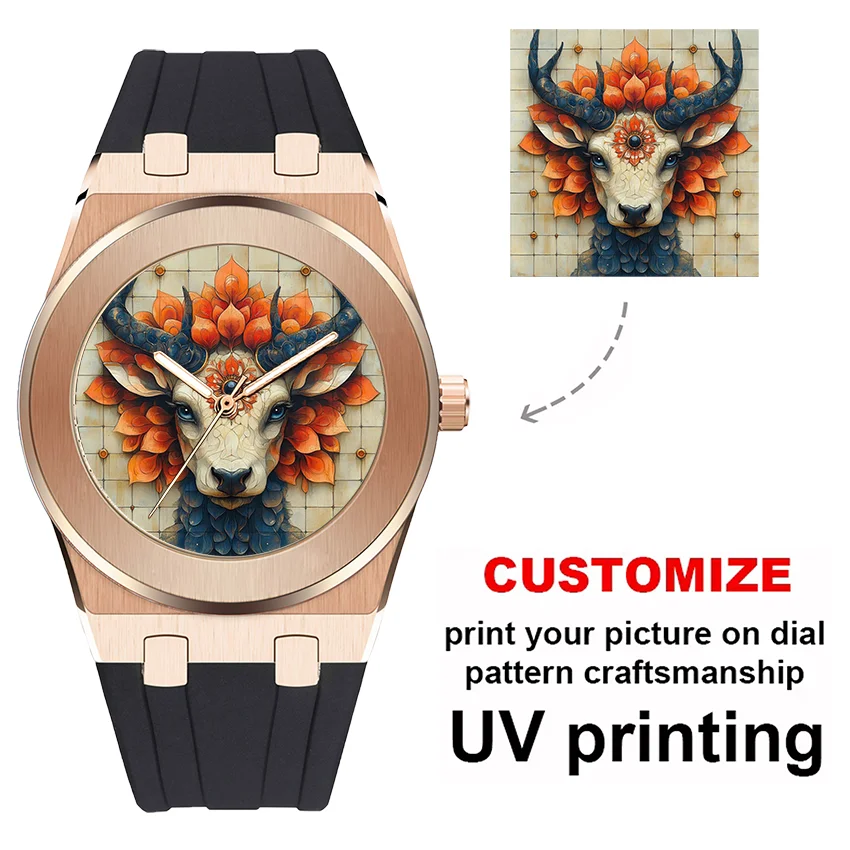 Anpassbare Fotouhr mit personalisierten Bildern. Eine stilvolle und elegante Herrenuhr mit Kautschukarmband. Reloj Mujer Reloj Hombre