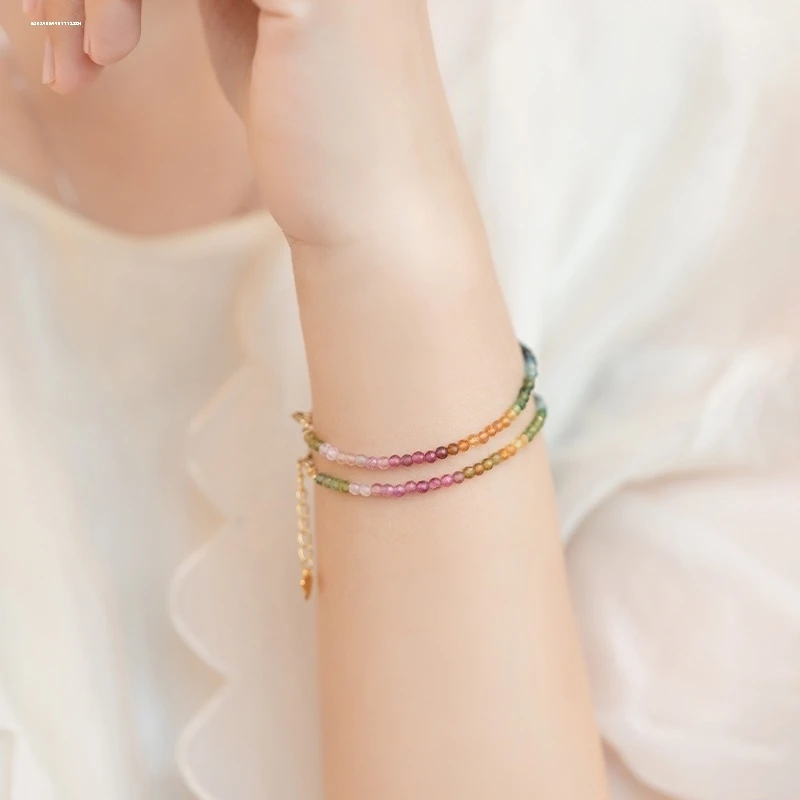 

Natural Ultra-Fine Rainbow Tourmaline Bracelet Elastic Rope 14K Sier Gold-Plated Extended Chain Hand String Girlfriend Gift