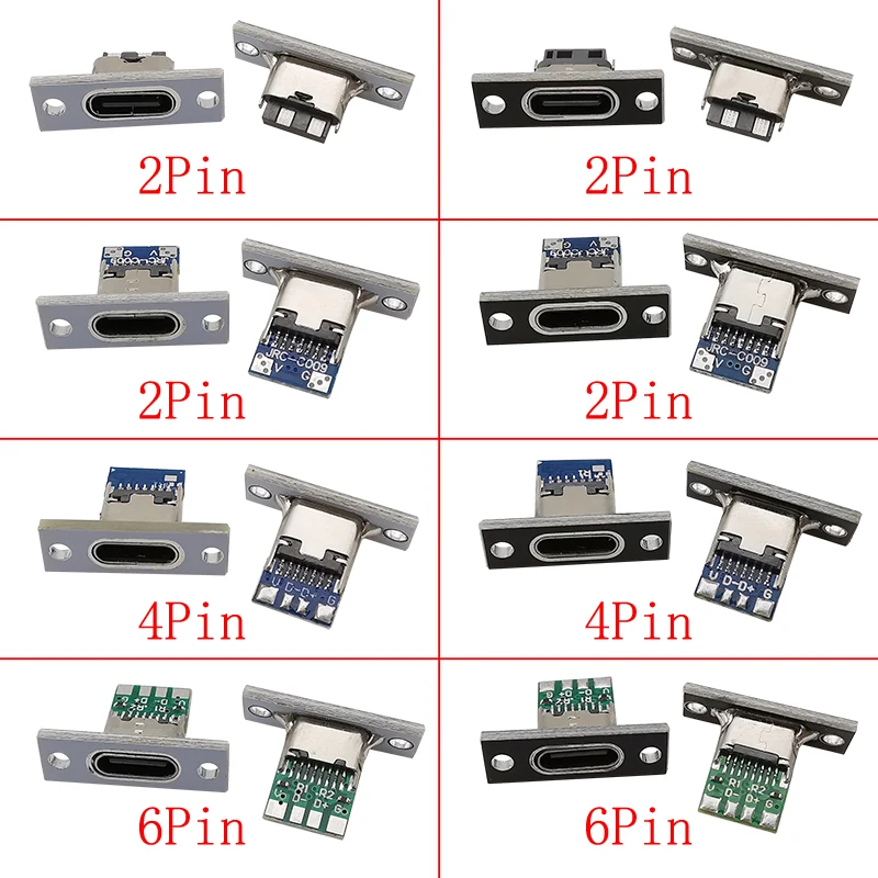 USB Type C Female Socket With Fixing Plate Panel Mount Connector 2/4/6 Pin Type-C Socket Charging Port Soldering Connectors Jack