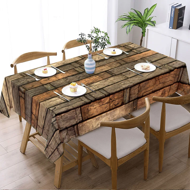 1pc Brownish-brown wood-grain imitation fabric 2D flat rectangular tablecloth, machine washable and easy to clean.zyc