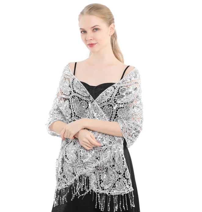 

European American Elegant Sequins Tassel Cape Party Evening Dress Shawl Bride Bridesmaid Women Sequins Cloak Ponchos White