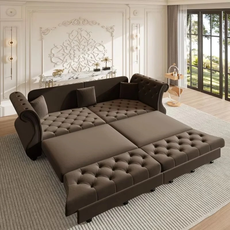Deluxe velvet sofa bed 97.6 pull-out sofa bed with flower tufted roll-up arms