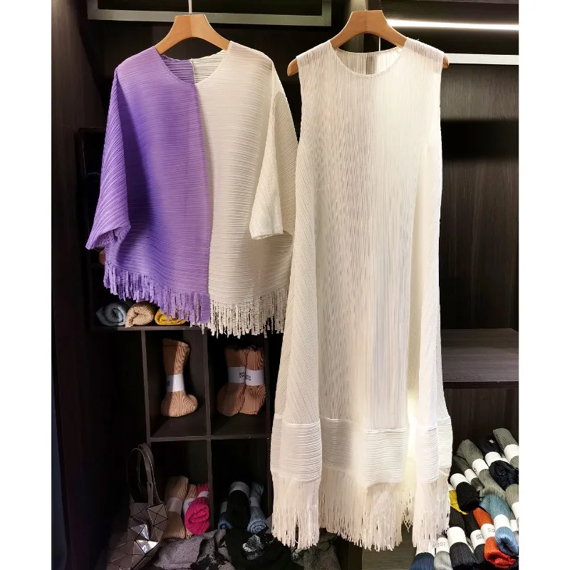 

Miyake Pleated Skirt Set Plisse 2026 Spring New Colorblocking Fringe Loose Pleats Top Sleeveless Dress Two-piece Women's Suit