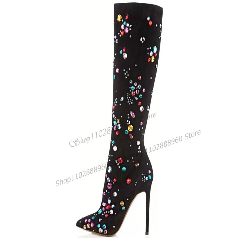 Sexy Knee High Black Flock Crystal Decor Boots Stilettos High Heel Women Shoes Side Zipper Pointed Toe 2023 Zapatos Para Mujere