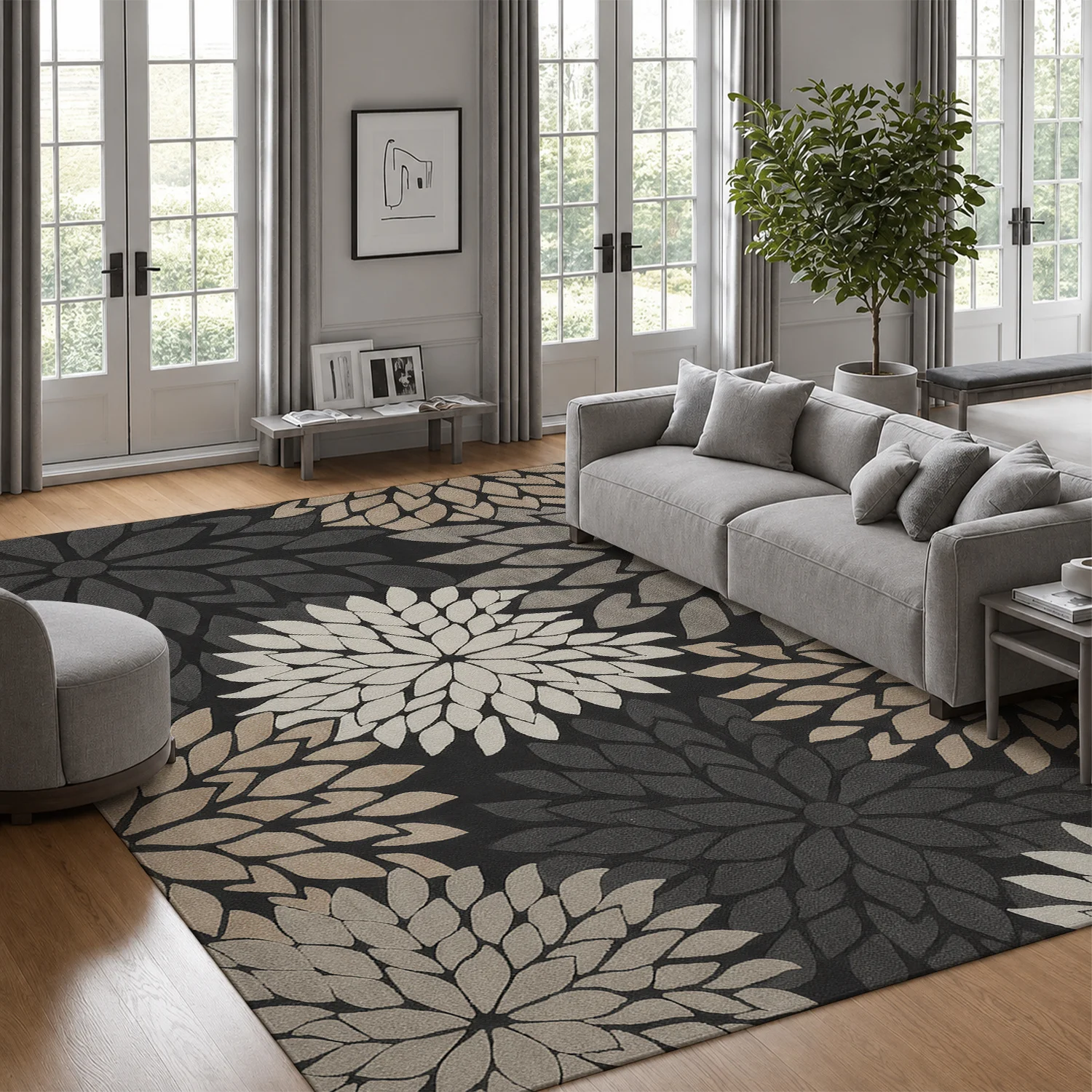 Large Indoor Area Rug, Soft Velvet Low Pile, Non-slip Dotted Backing, Machine Washable, Modern Floral Dahlia Pattern in Neutral Gray Beige, Great for Living Room, Bedroom, Entryway