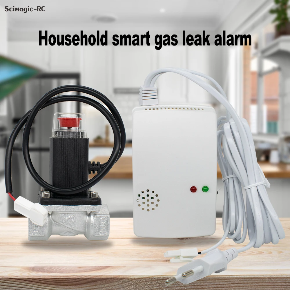Gas Leakage Detector with Emergency Shut Off Solenoid / Liquefied Gas Alarm Sensor EU Plug Standalone Auto Monitor Home Security