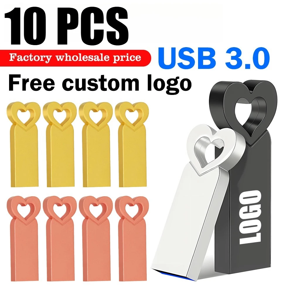 

10pcs USB3.0 Flash Drive Pendrive Silver heart 64GB custom logo Waterproof Metal U Disk Memoria Usb Cle Memory Usb Stick 16GB