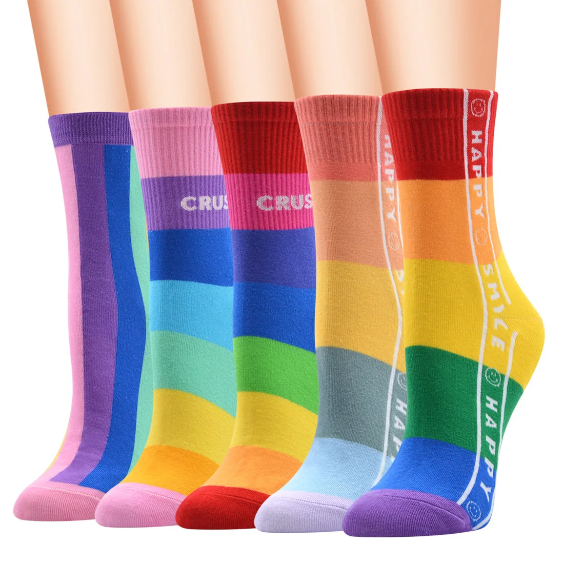 

5 Pairs Rainbow Smiley Face Pattern Socks Women's Mid-Calf Cotton Socks Hot Sale Socks Funny Socks Cute Gift Chaussettes Femme
