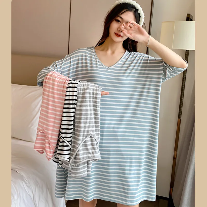 Summer Stripe Short Sleeve Modal Nightgowns Women Housewear Dress Casual Loose Sleepwear Nightshirt Female Night Wear 90 Kg