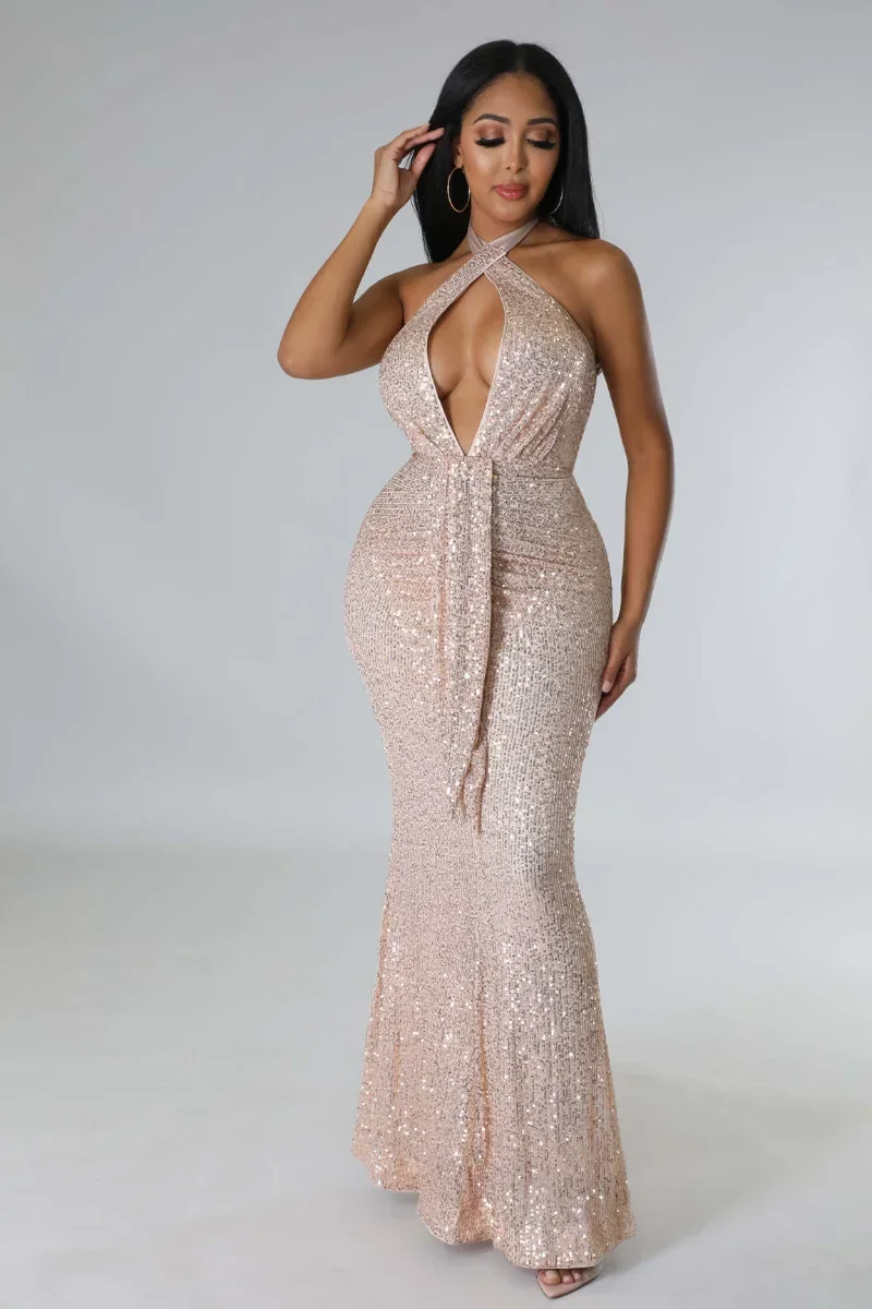 

KEXU Sexy Halter Backless Mermaid Sequin Evening Nightclub Glitter Maxi Dress Women Elegant Special Occasion Club Party Dresses