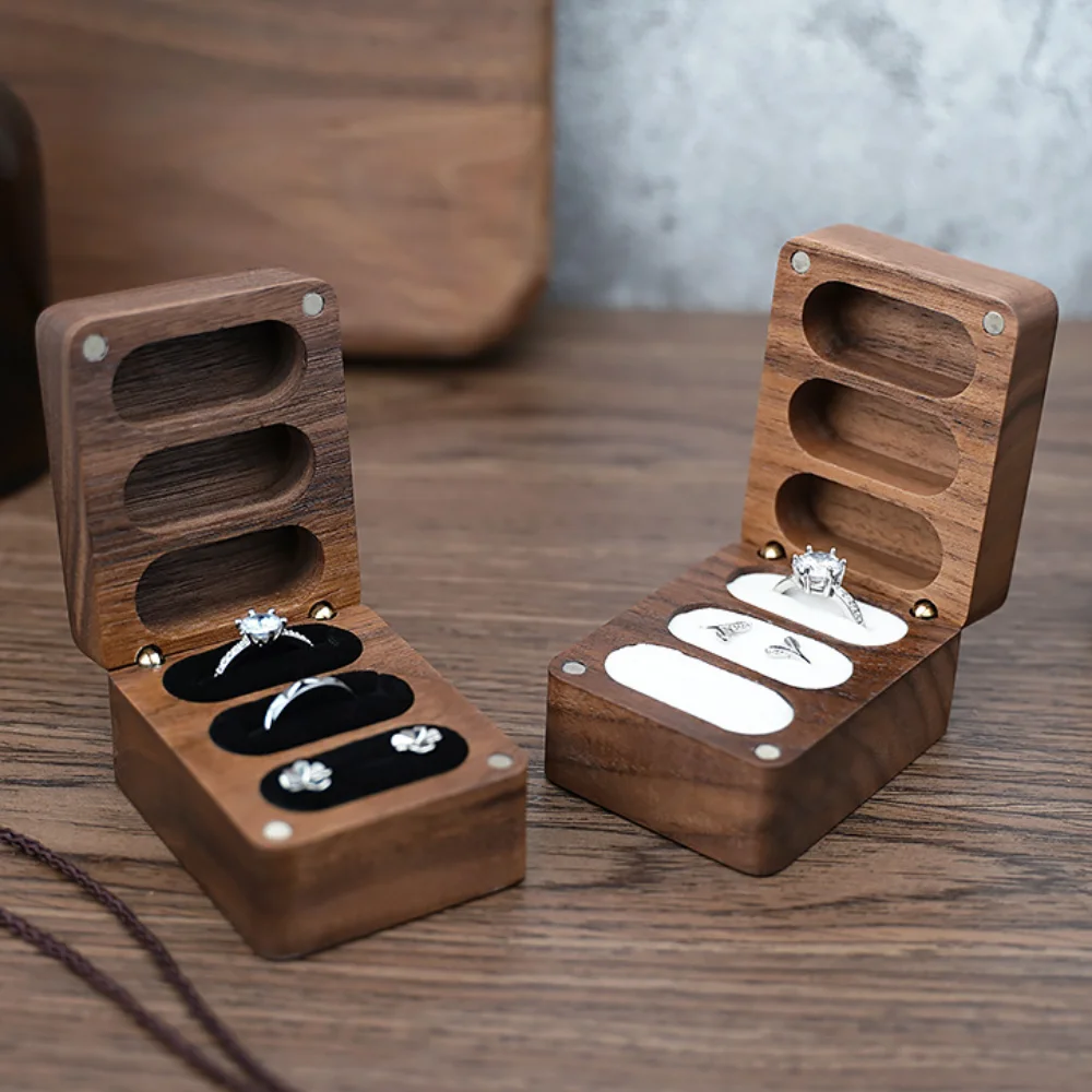 Customized Black Walnut Portable Jewelry Box High-end Exquisite Storage Wedding Ring Earrings Box Gift Three Compartments