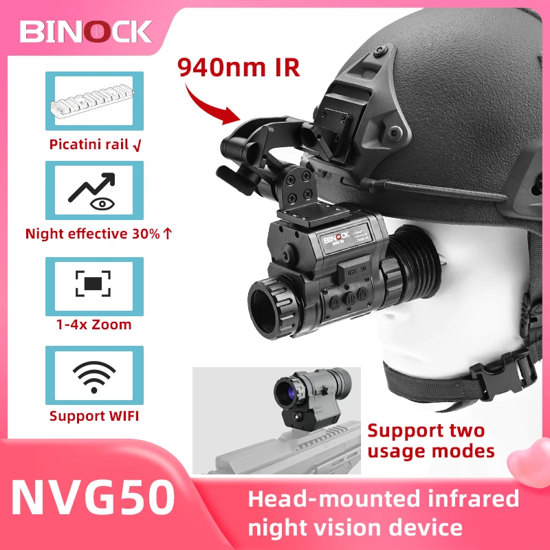 BINOCK NVG50 helmet night vision 940nm IR high power FOV 45°scope support WIFI goggles long range digital monocular for hunting