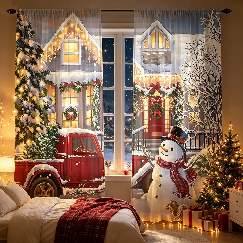 2PCS Christmas Snowman Print Curtains, Rod Pocket, Polyester, Home Decor, Window Drapes, Bedroom Living Room, Kitchen, Bathroom