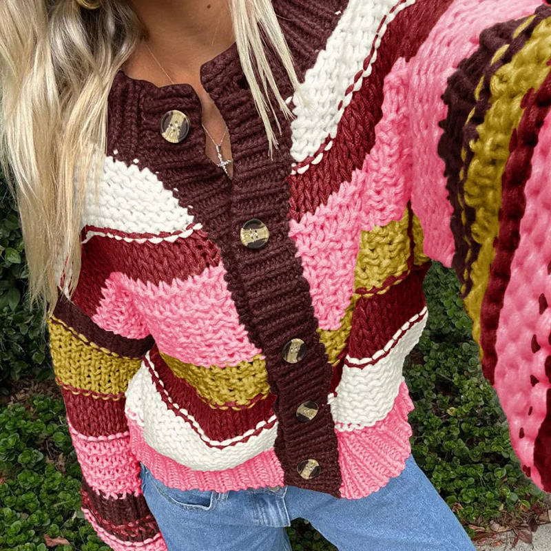 Neue 2025, lässig Oansatz Langarm Pullover Elegante Warme Lose Gestrickte Pullover Gestreiften Kontrast Taste Herbst Winter Pullover