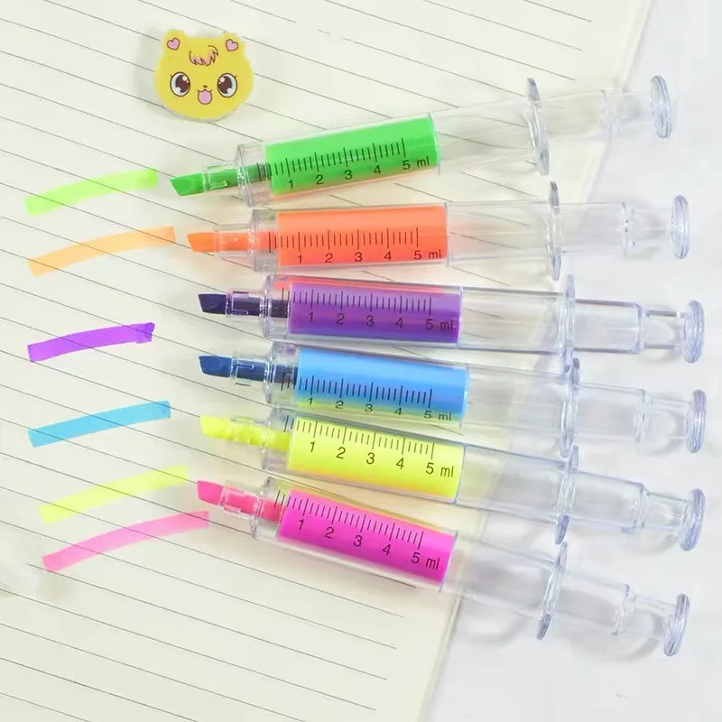 6pcs Kawaii Syringe Highlighter Pen Syringe Needle Shape Mechanical Color Ballpoint Pen For Office School Marker Writing Tool