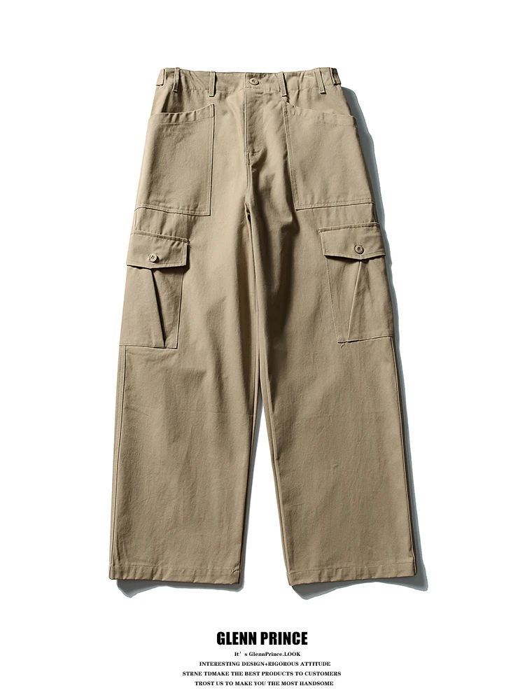 

Vintage Waed Cotton Work Trousers for Men with Large kets Casual Khaki Long Pants Loose Fit mid High Waist Zipper Fly