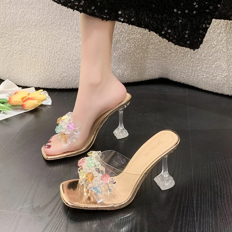 2023 Women Summer slippers High Heels Slides Lady Cinderella Crystal Diamond Transparent Slippers Sandals Clear Heels PVC Shoes