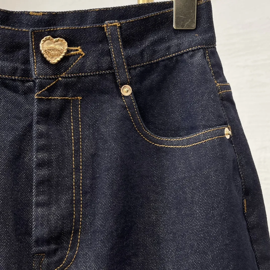 

All-matching 2025 Navy Blue High Quality Pure Cotton Women Straight Denim Jeans Pants Trousers