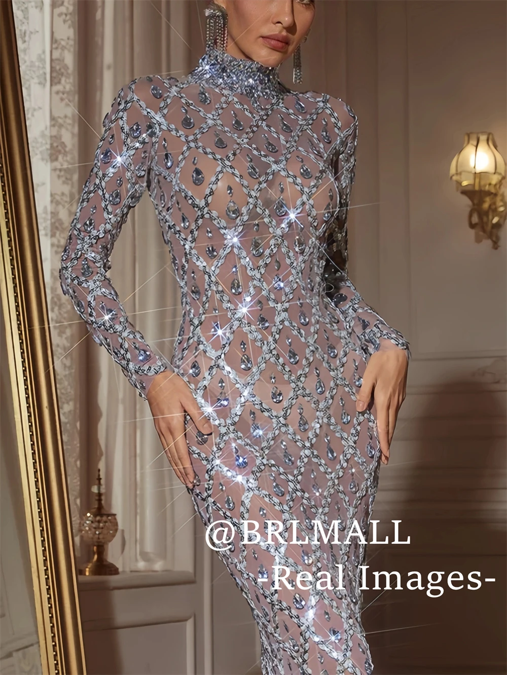 BRLMALL Volle Ärmel Illusion Abendkleid Stehkragen Lange Mantel Abendkleider Echte Bilder Hochzeit Party Kleider Viele Farben