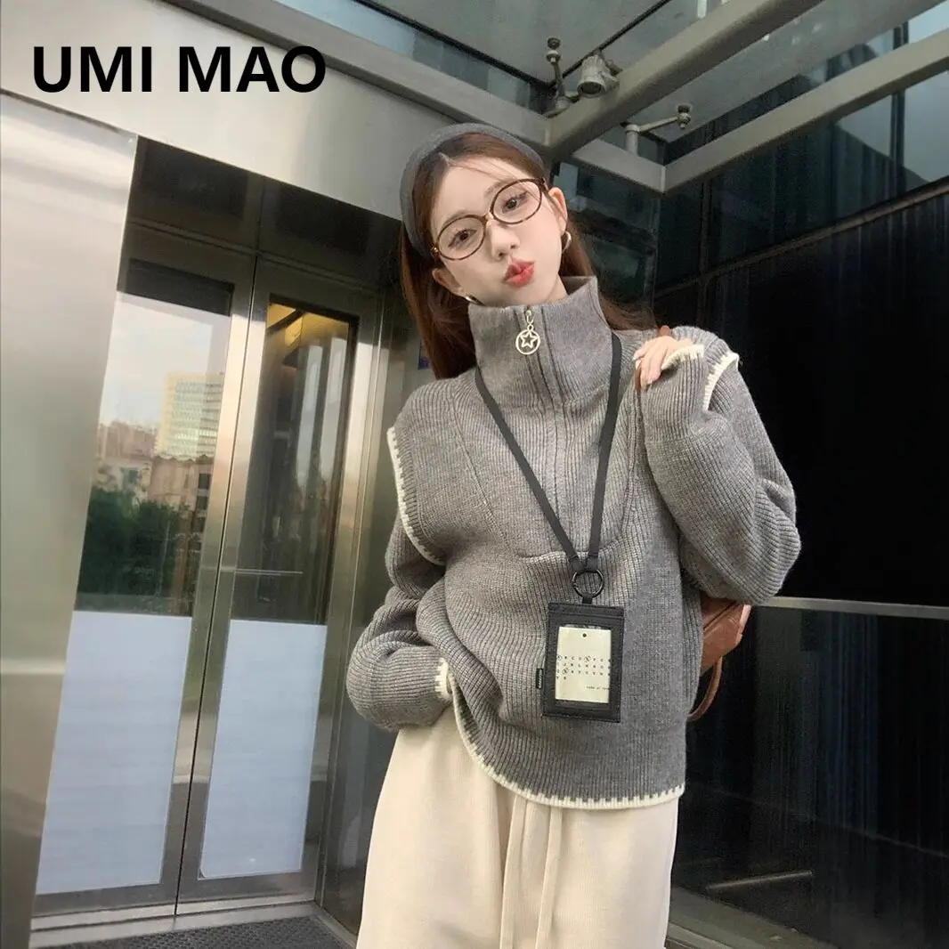 

UMI MAO Half-Zip Turtleneck Sweater Women Autumn Winter New Loose Design Sense Niche Unique Long Sleeve Knitted Top Femme