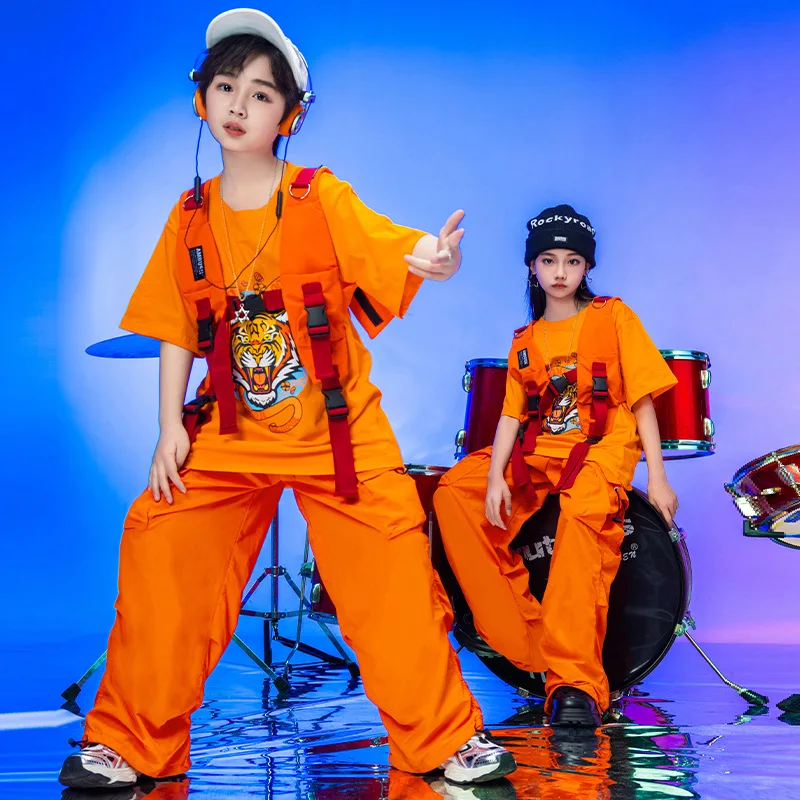 Kid Kpop Hip Hop Clothing Orange Graphic Tee T Shirt Vest Top Casual Ruched Cargo Pants for Girl Boy Jazz Dance Costume Clothes