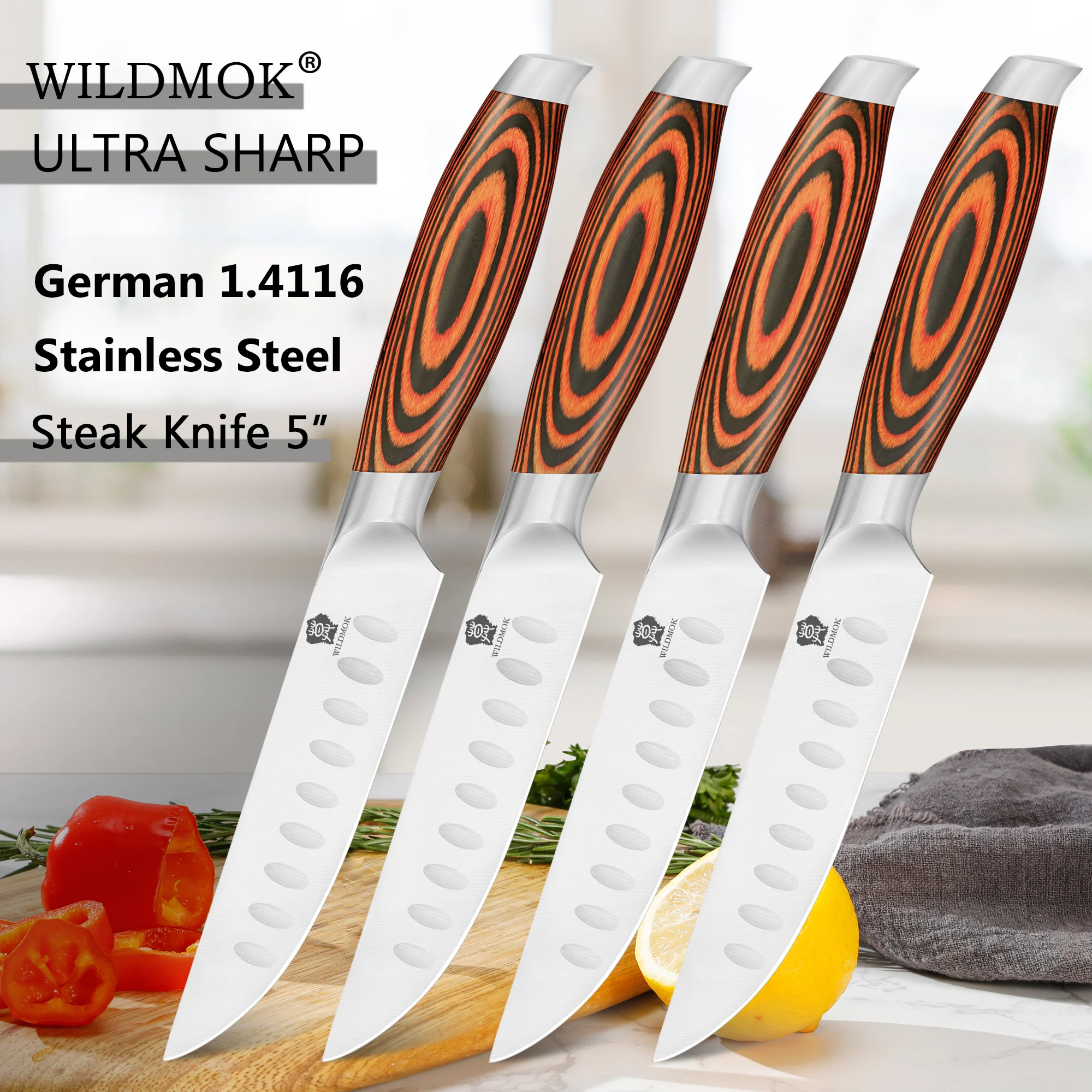 

WILDMOK German Stainless Steel Steak Knives Set of 4, Sharp Steak Knives Kitchen Knives Set with Pakkawood Handle