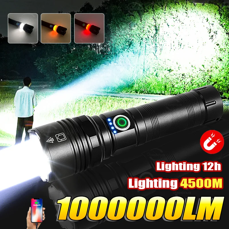 2024 High Power LED Flashlight Strong Light 4500M Long Range Zoom Flashlights Rechargeable USB Tactical Torch Work Fishing Lamp