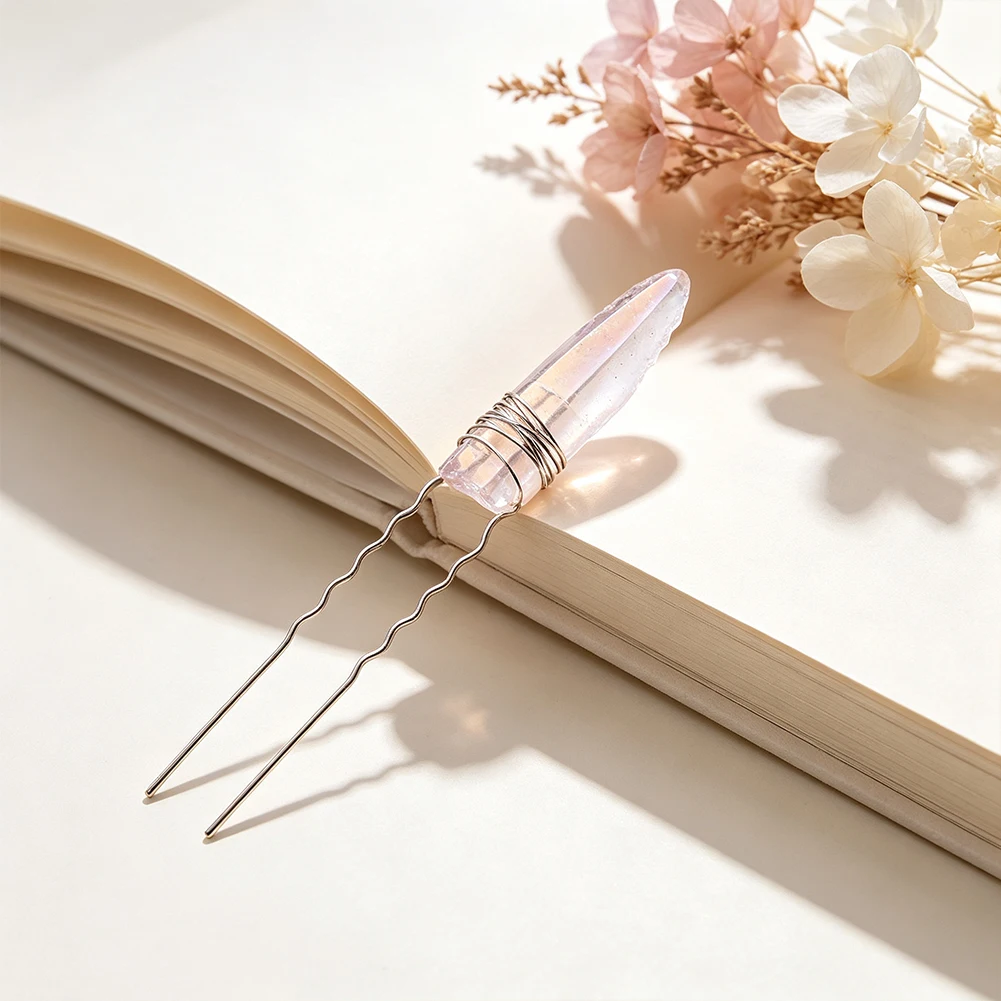 Natural Quartz Crystal Point Hair Fork Hand Wire Wrapped Raw Crystal Wave Hair Pin Witch Spiritual Boho Hair Accessory for Women