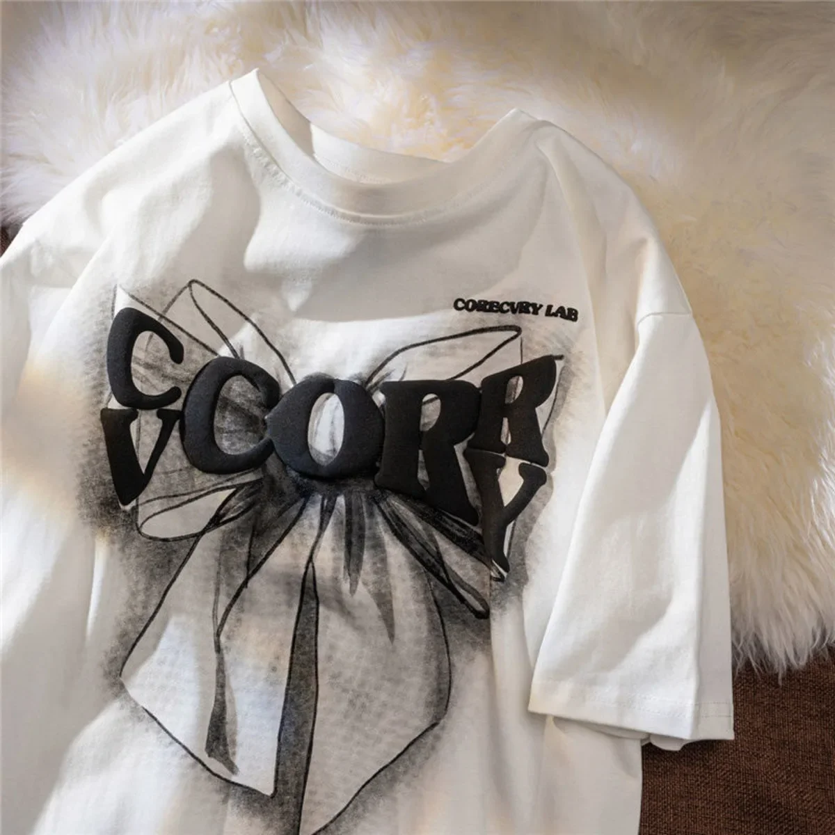 

Cotton Creative Letter Gradient Bow Short Sleeve T-shirt Women Ins Half Sleeve Summer Loose Casual Couple Top Pattern Clothing
