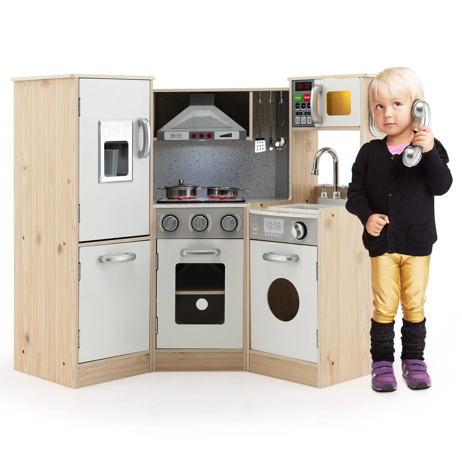 

Costway Kids Corner Wooden Kitchen Playset Pretend Cooking Toy w/ Cookware Accessories