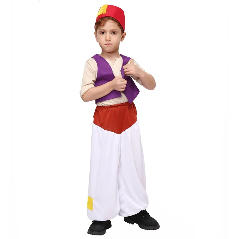 Boys Ababwa Prince Aladdin Costume Kids Fairy Tale Suit With Genie Lamp Toddler Street Rat Halloween Cosplay Child Genie Costume