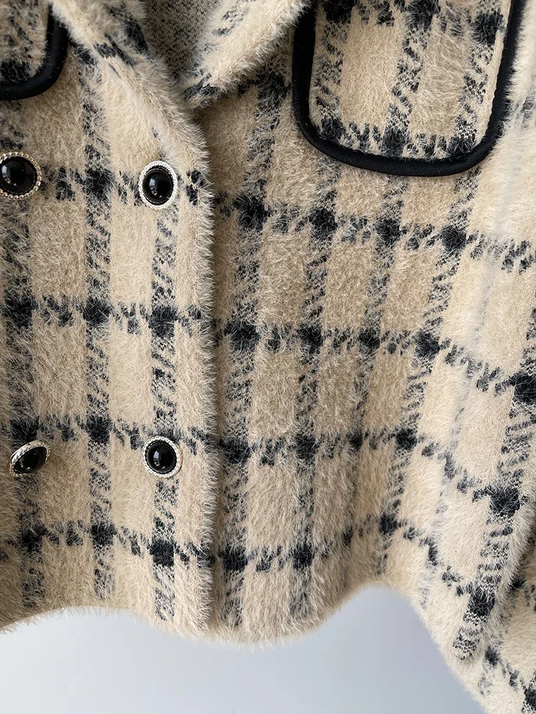 Plaid Vintage Cropped Knit Jacket 2024 Warm Faux Mink Fur Short Sweater Coat Winter Soft HIgh Street Outwear Woman Clothing