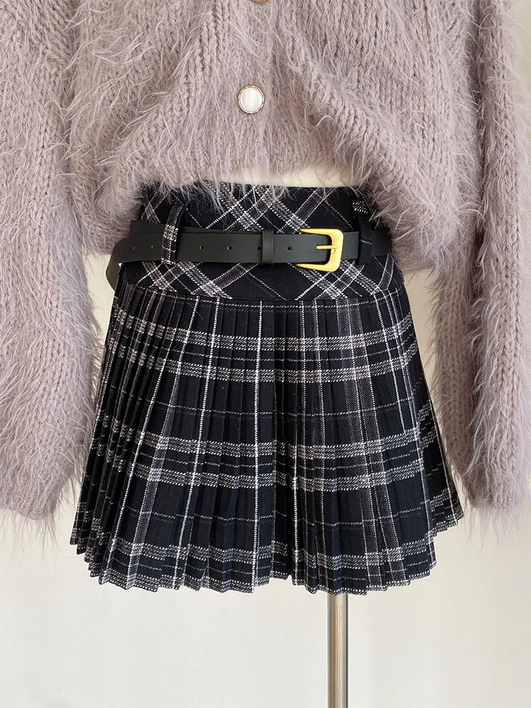 American Vintage Plaid Skirts Women High Waist Pleated Skirt With Belt Harajuku Streetwear Japanese Preppy Style Chic Elegant