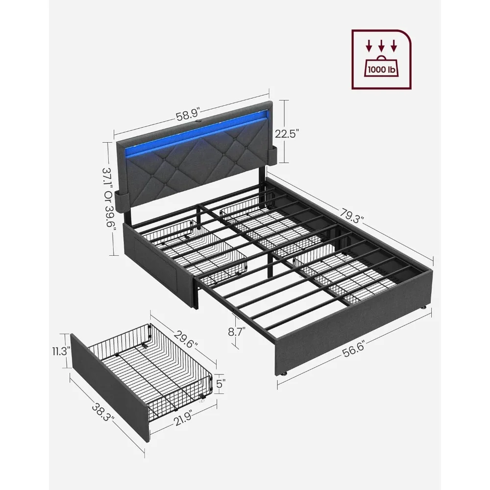 Bed Frame with Headboard and 4 Drawers, 1 USB Port and 1 Type C Port, Adjustable Upholstered Headboard, No Box Spring Needed