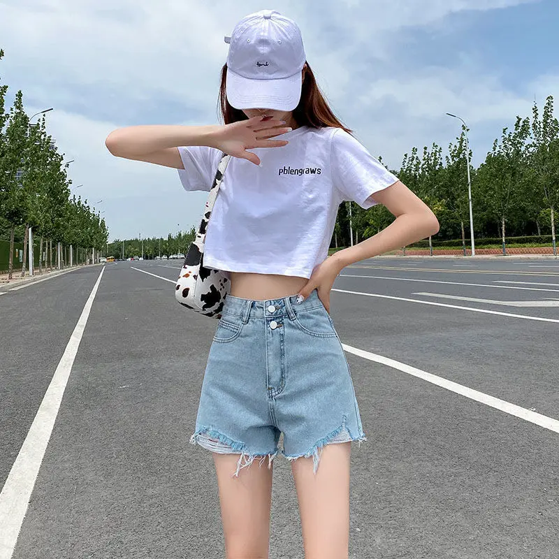 

High Waist A-Line Denim Shorts Women's Summer Thin Loose Slimming plus Size Trendy INS Blue High Waist Shorts Casual Style