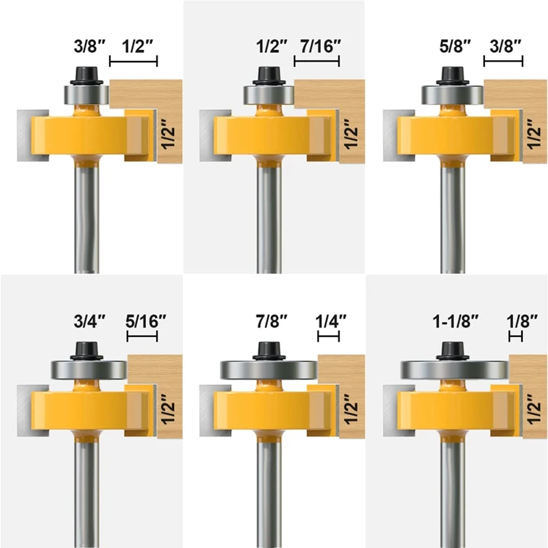 Shank Rabbet Router Bit With 6 Bearings Set, Rabbeting Router Bit Adjustable Multi Depths Cutter