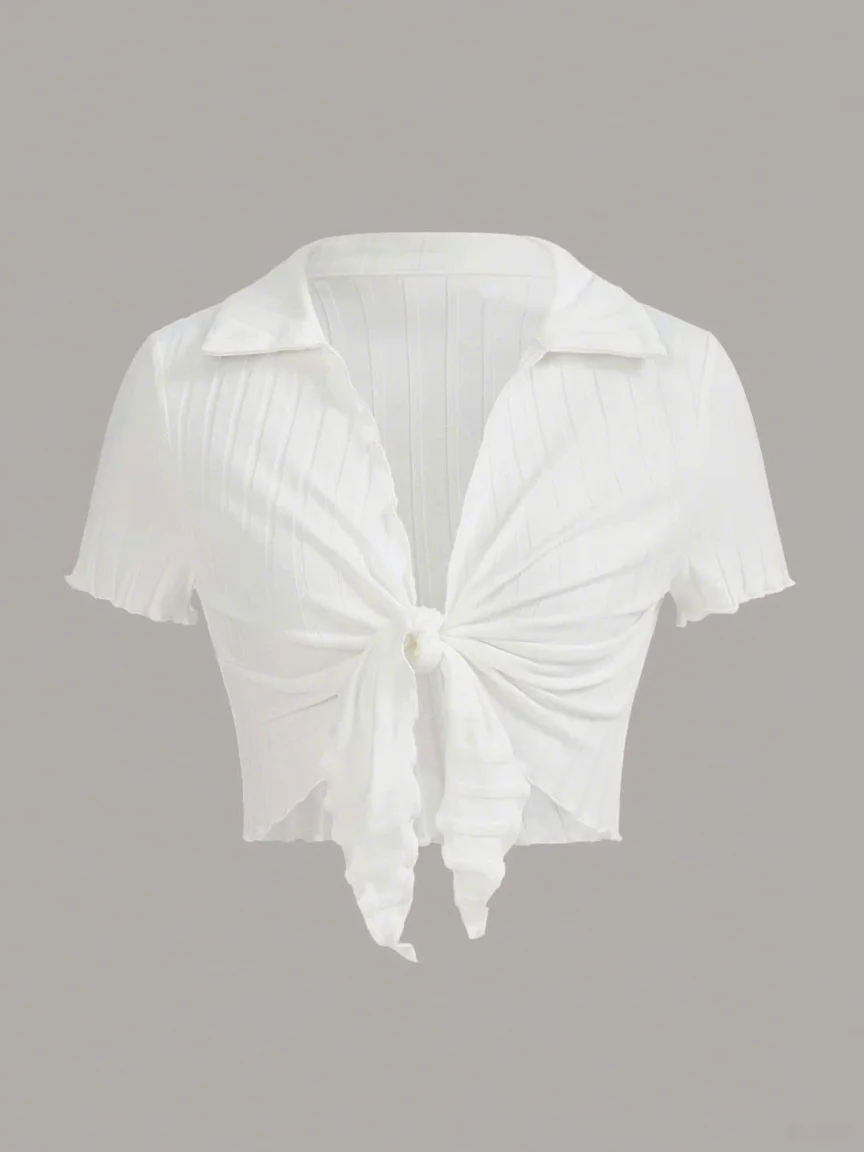 

Solid Color V-Neck Short Sleeve Top with Waist-Cinching Knot Short Length Trendy Open Cardigan for Women
